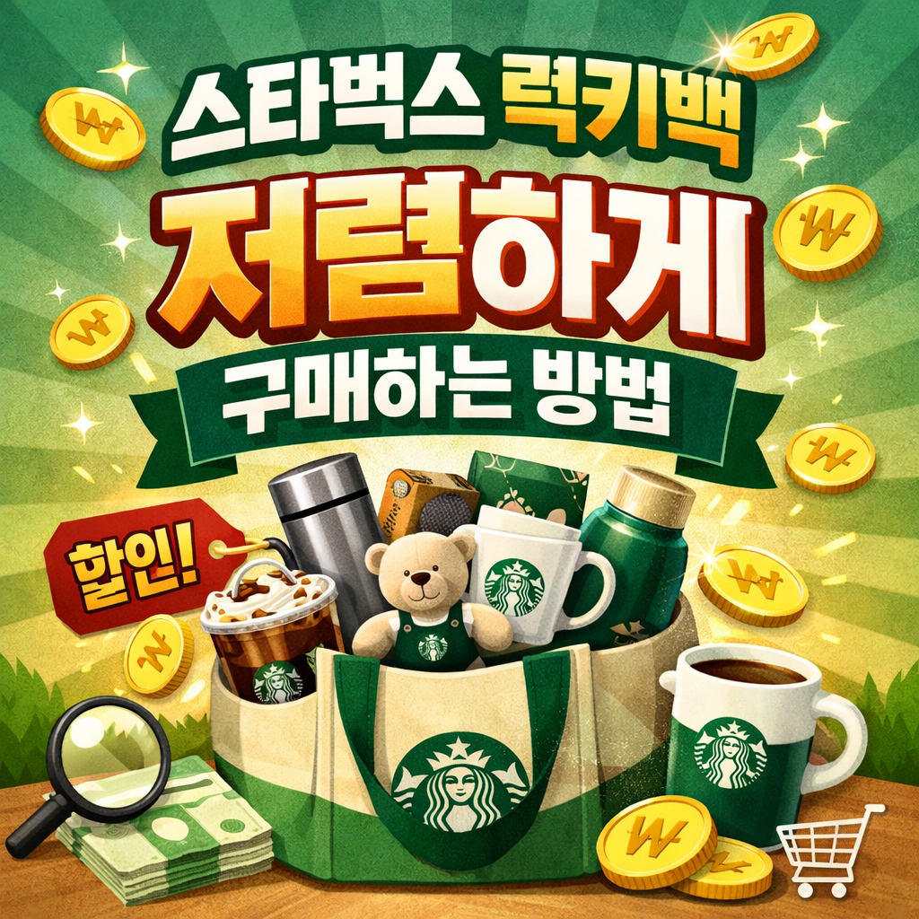 초록색 배경의 정사각형 썸네일 이미지로, 중앙에 스타벅스 로고가 있는 럭키백이 놓여 있고 가방 안에는 텀블러, 머그컵, 곰 인형 등 스타벅스 굿즈가 담겨 있다. 상단에는 “스타벅스 럭키백”, 중앙에는 큰 글씨로 “저렴하게”, 하단에는 “구매하는 방법”이라는 문구가 배치되어 있으며, 주변에 동전, 할인 아이콘, 돋보기, 커피 컵 등이 있어 할인 구매 정보를 강조하는 디자인이다.