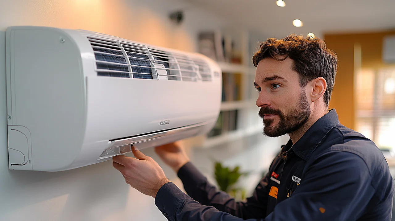 전문 서비스 기술자가 세련된 주거 아파트에 벽걸이 에어컨을 설치하여 전문성과 신속함을 표현합니다.
