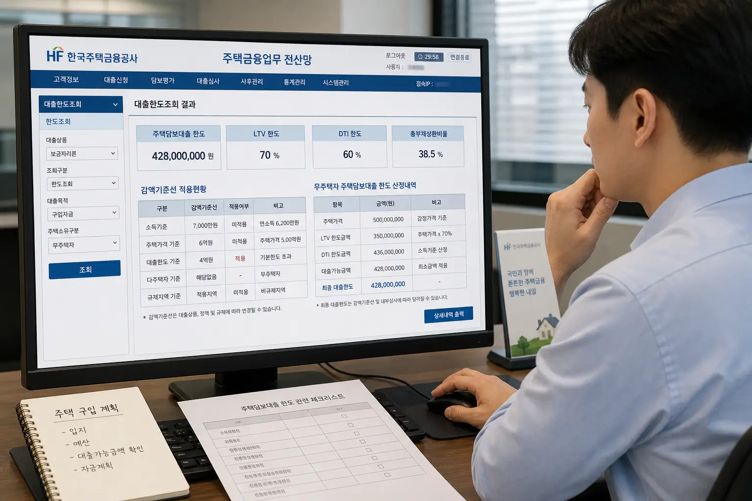 주택 대출 한도 감액 기준선과 무주택자 주택 담보 대출 한도를 한국주택금융공사 전산망으로 검토하는 매수자