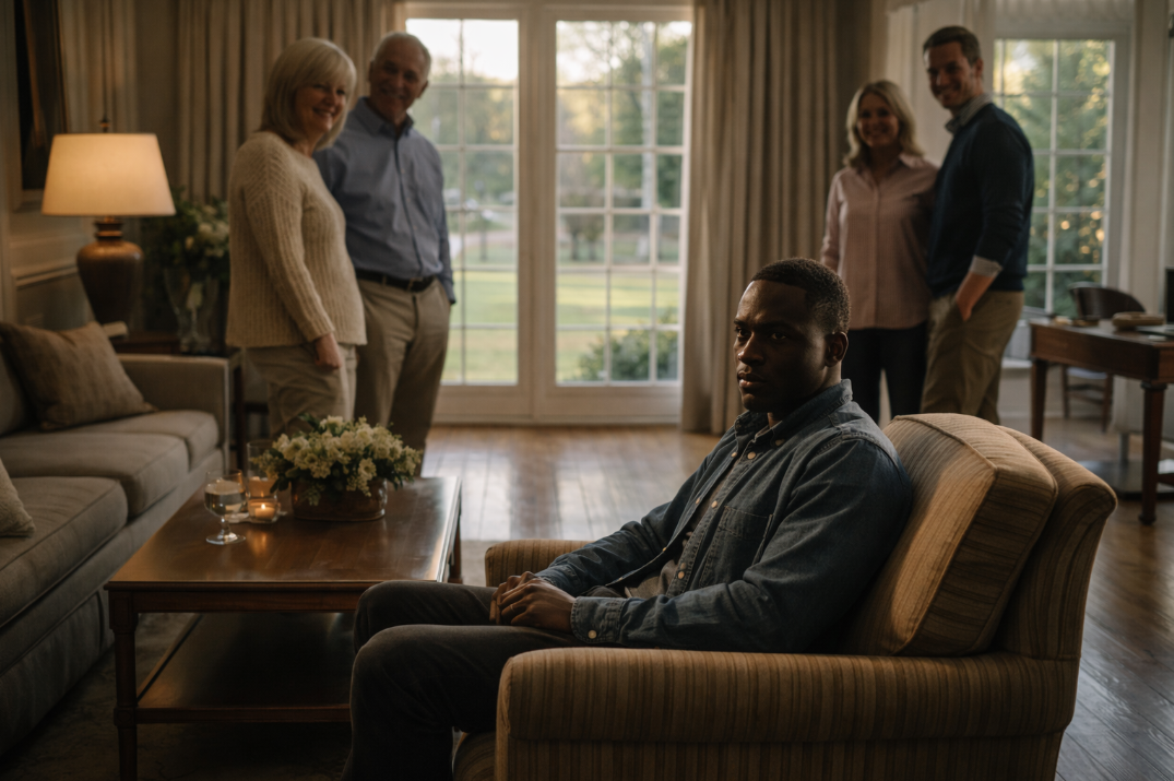 단정한 거실 안에서 한 남자가 굳은 표정으로 앉아 있고 주변 사람들이 미묘한 시선으로 바라보는 장면