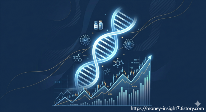 네이비 블루 배경에 빛나는 DNA 나선과 주식 차트가 어우러진 현대적인 금융 일러스트레이션입니다. 하단에는 상승하는 KRX 지수 차트가 있으며, 그 위로 크고 빛나는 파란색 DNA 이중 나선이 대각선으로 뻗어 있습니다. 나선 주변으로는 약병, AI 로고, 분자 구조 등 바이오테크 산업을 상징하는 아이콘들이 함께 떠 있습니다. 전체적으로 미래지향적이고 깔끔한 전문가용 인포그래픽 스타일로 구성되어 있습니다.