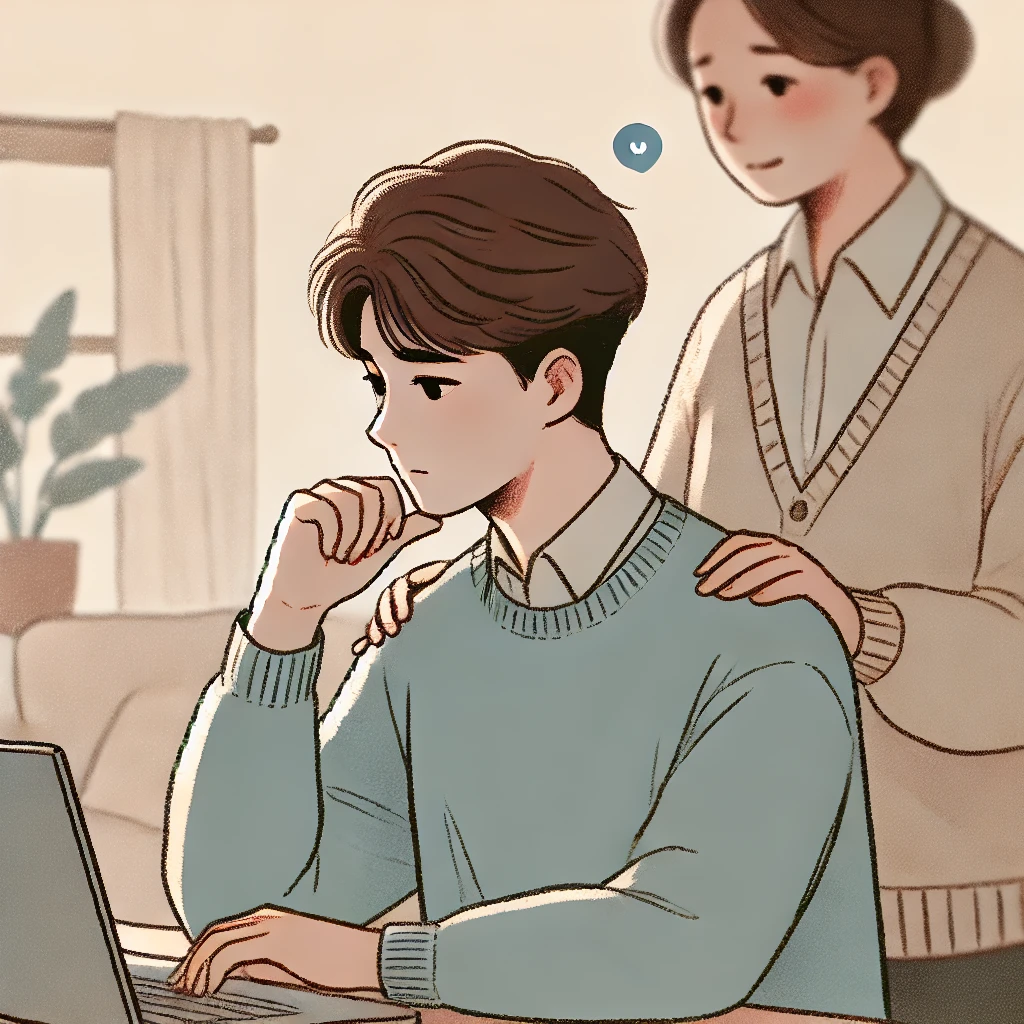 아들어깨 만져주는 엄마의 이미지