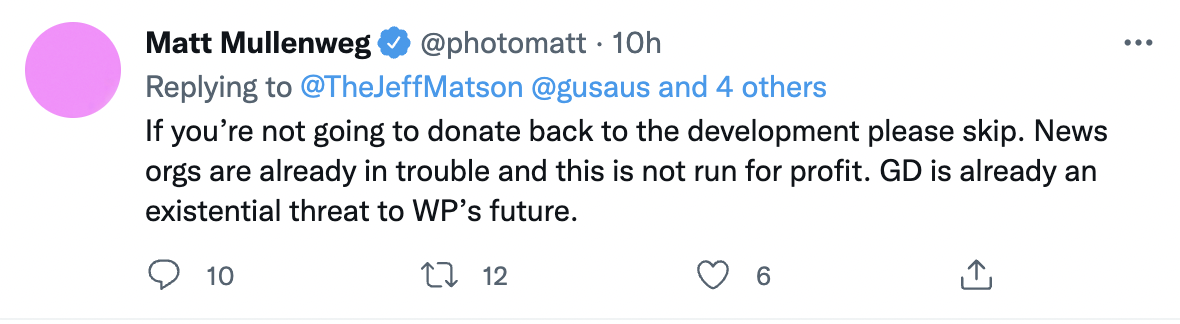 워드프레스 매트 뮬렌웨그 고대디 비난