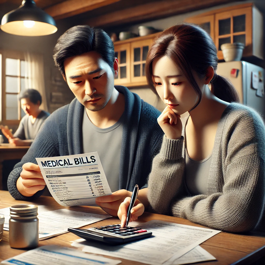 의료비 걱정하며 가계부를 정리하는 가족 