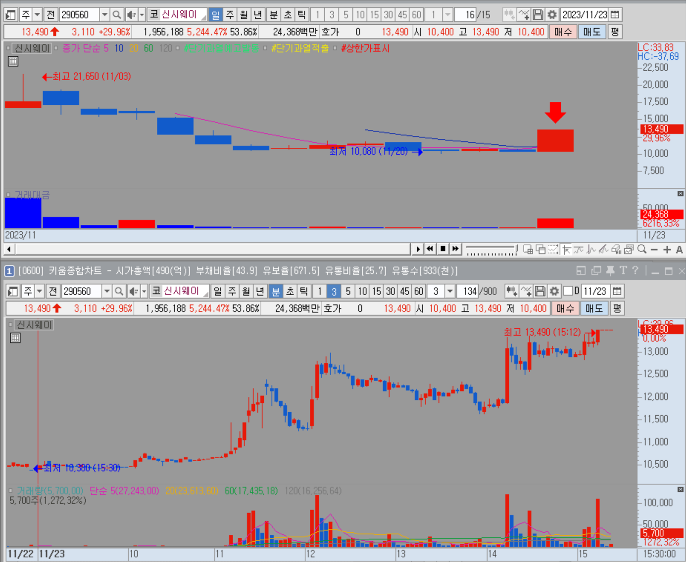 신시웨이 일봉 및 분봉