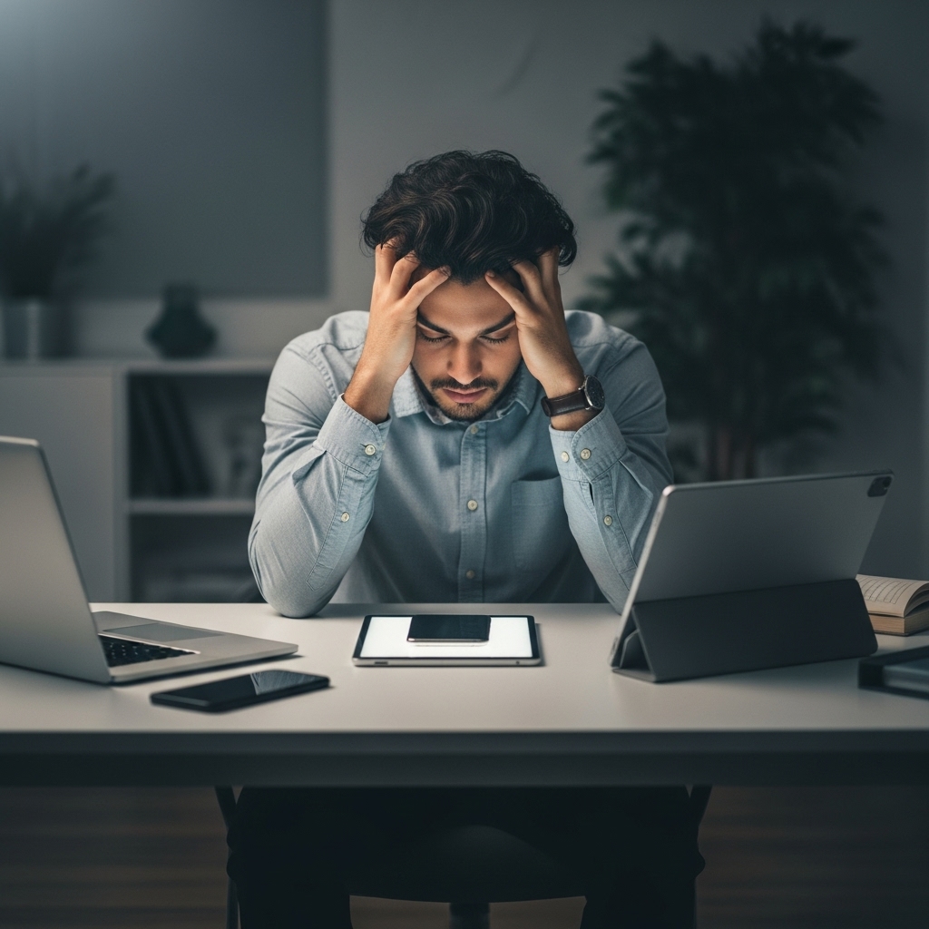 성과 압박과 과도한 업무로 인해 지쳐 보이는 MZ세대 직장인이 책상에 앉아 머리를 감싸고 있는 모습