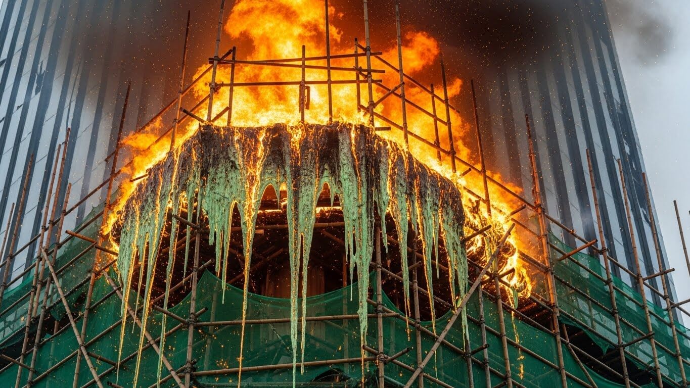 불쏘시개가 된 대나무 비계와 스티로폼