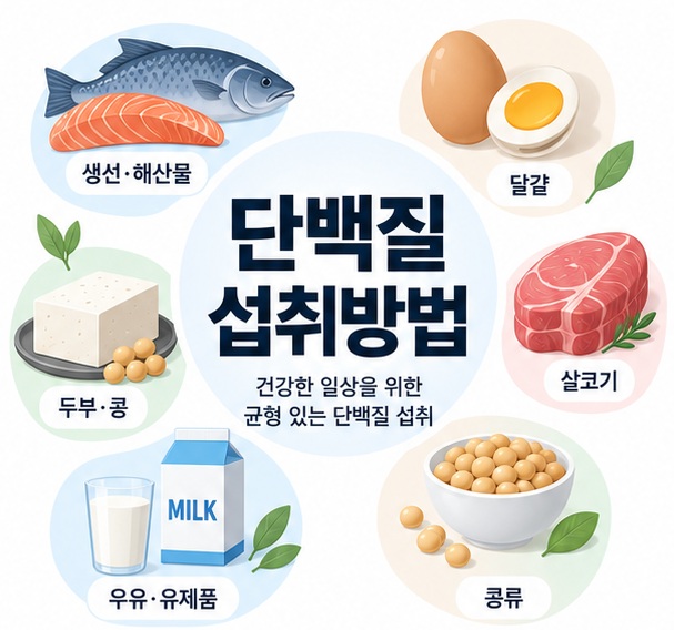 달걀 생선 두부 콩 우유 아이콘 위에 단백질 섭취방법 문구가 표시된 대표 이미지