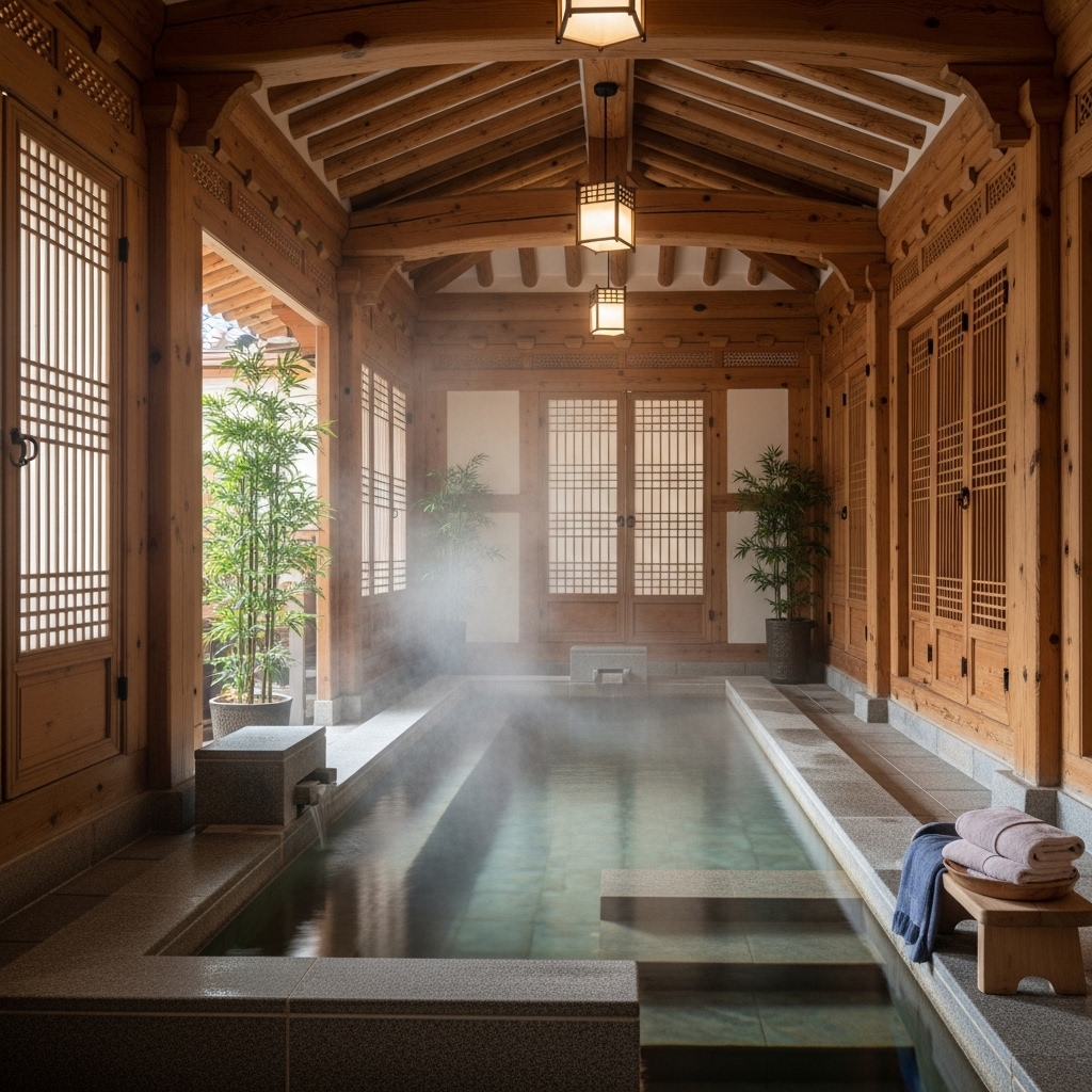 역사 깊은 아산 온양온천의 전통적인 실내 온천탕. 따뜻한 물에서 김이 피어오르고, 고즈넉한 한옥식 인테리어가 돋보입니다.