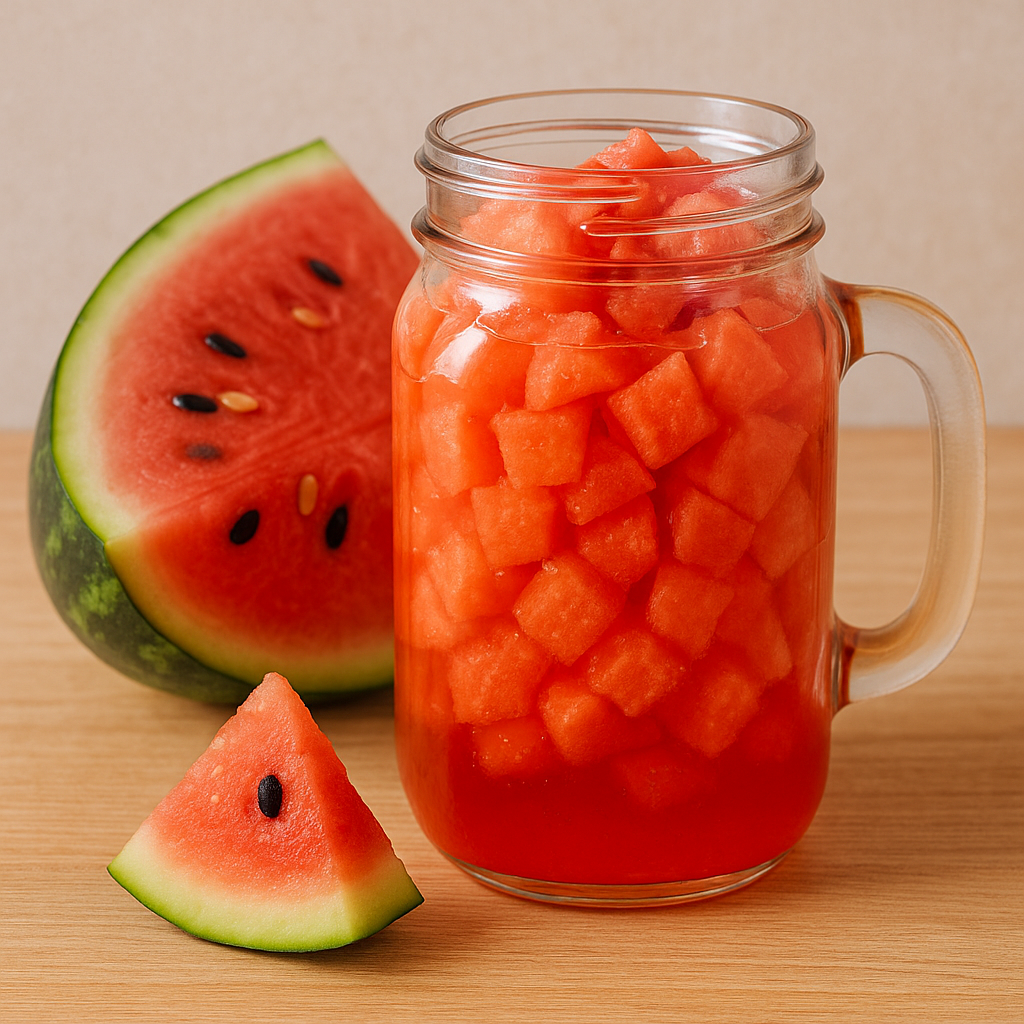 수박청이 담긴 투명 유리병과 수박 조각