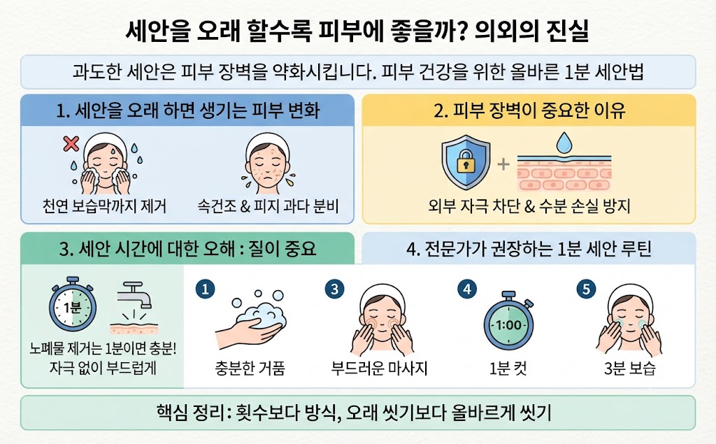 세안을 오래 할수록 피부 장벽이 약해질 수 있다는 사실과 1분 세안법 루틴을 요약한 인포그래픽 이미지