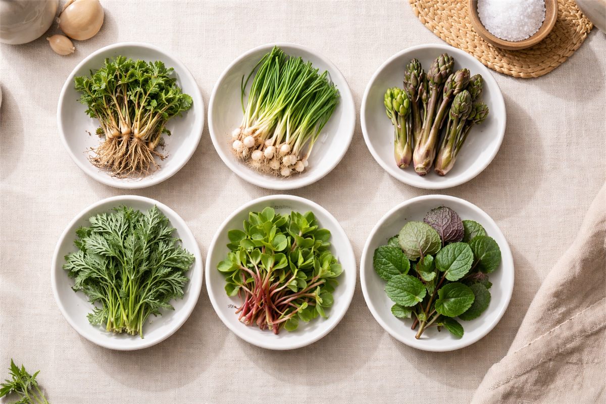 냉이 달래 두릅 쑥 돌나물 씀바귀를 한눈에 비교할 수 있게 담은 대표 봄나물 모습