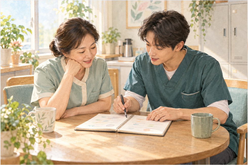 돌봄 종사자 두 사람이 노트를 함께 보며 현장 경험을 나누는 모습