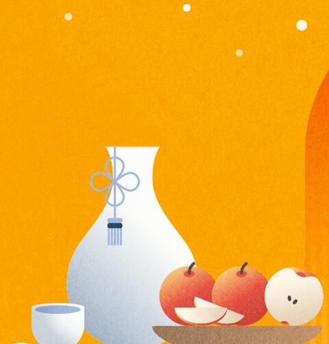 접시에 놓인 사과와 물병과 컵 이미지