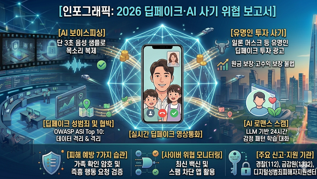 [인포그래픽: 2026 딥페이크 및 AI 사기 위협 보고서] 실시간 딥페이크 영상통화와 AI 보이스피싱의 원리 시각화. 3초 만에 복제되는 목소리 위협과 유명인 사칭 투자 사기, 로맨스 스캠 등 5대 사이버 위협 분석 및 대응 가이드 요약. [English: Infographic for 2026 Deepfake and AI Fraud Threats. Visualizing real-time deepfake video calls and AI voice phishing. Summarizing the 5 major cyber threats including 3-second voice cloning, celebrity investment scams, and romance scams with a comprehensive defense guide.]