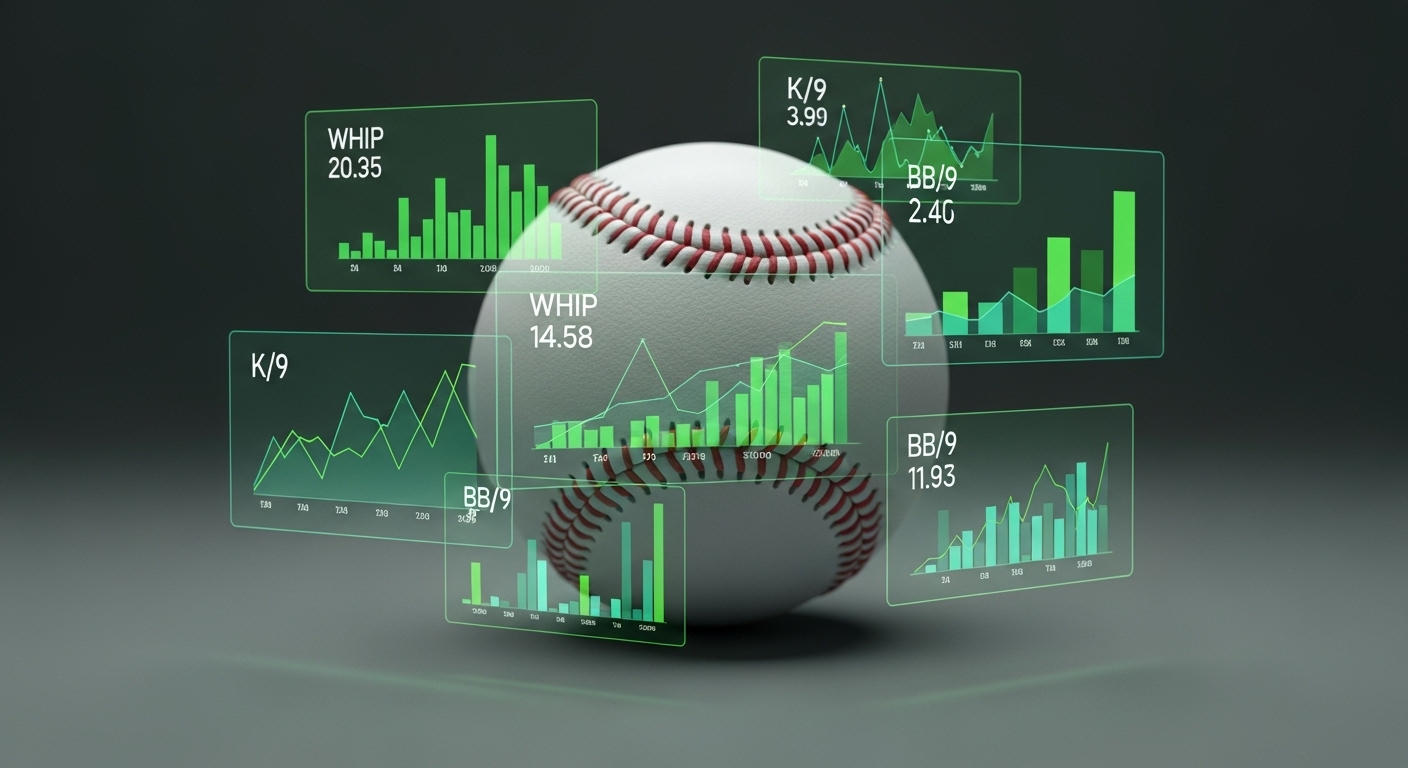 야구공 주변에 WHIP, K/9, BB/9 등 투수 통계 데이터가 그래픽으로 표시된 모습.
