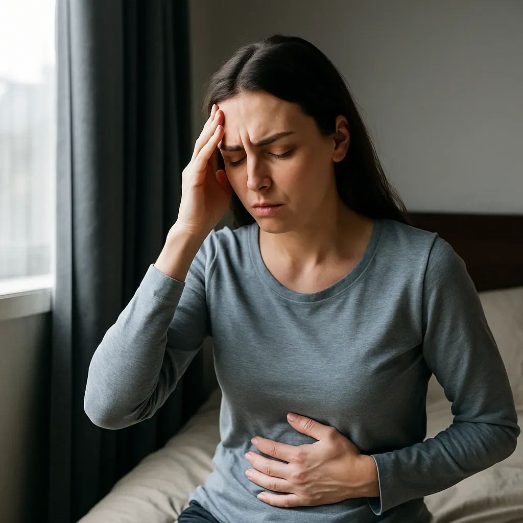 햇빛을-못-본-채-창가에서-복통과-두통을-호소하는-여성의-모습