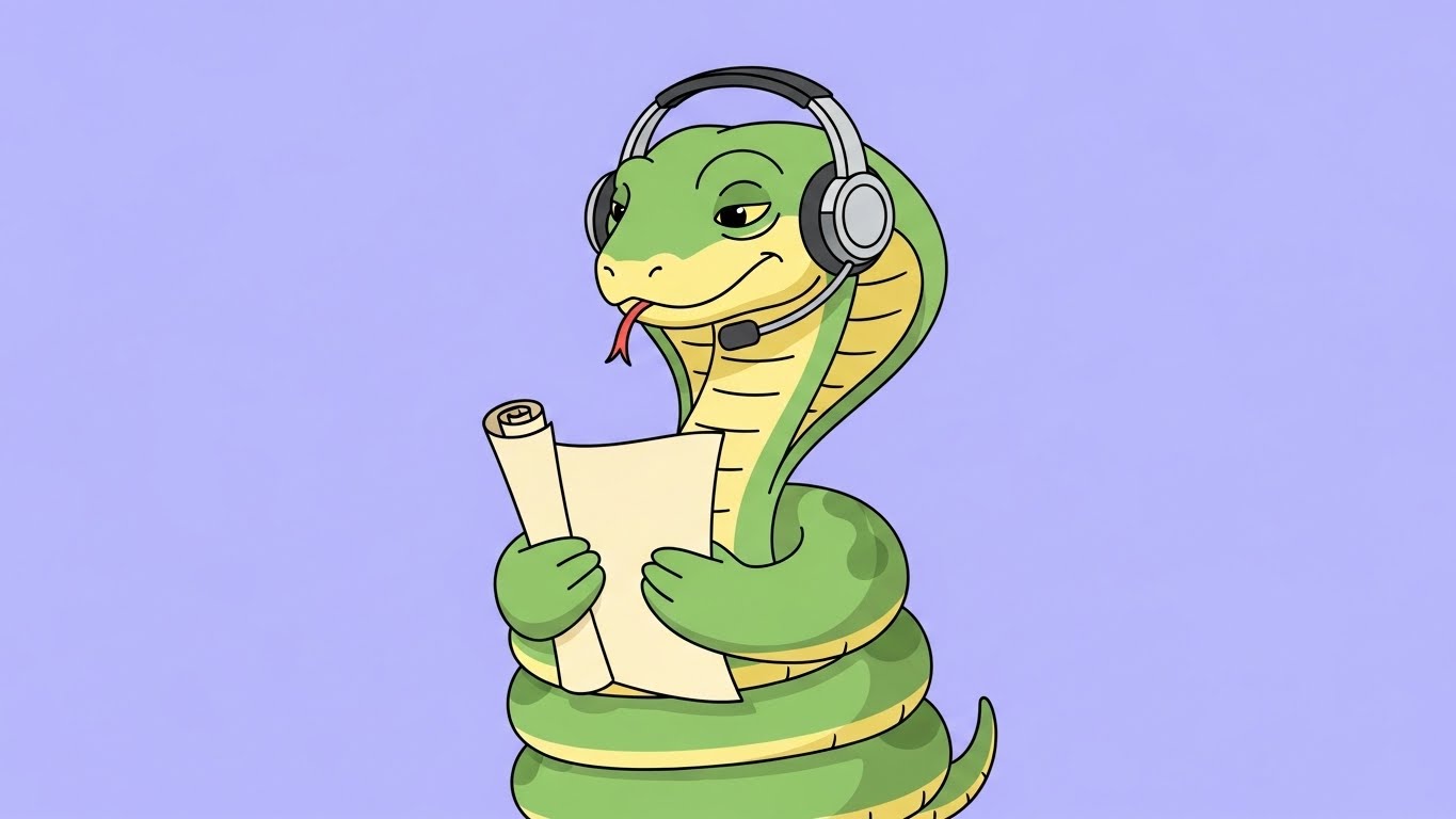 마이크 앞에서 논리적으로 말을 전하는 설득력 있는 뱀 캐릭터의 2D 플랫 벡터 일러스트