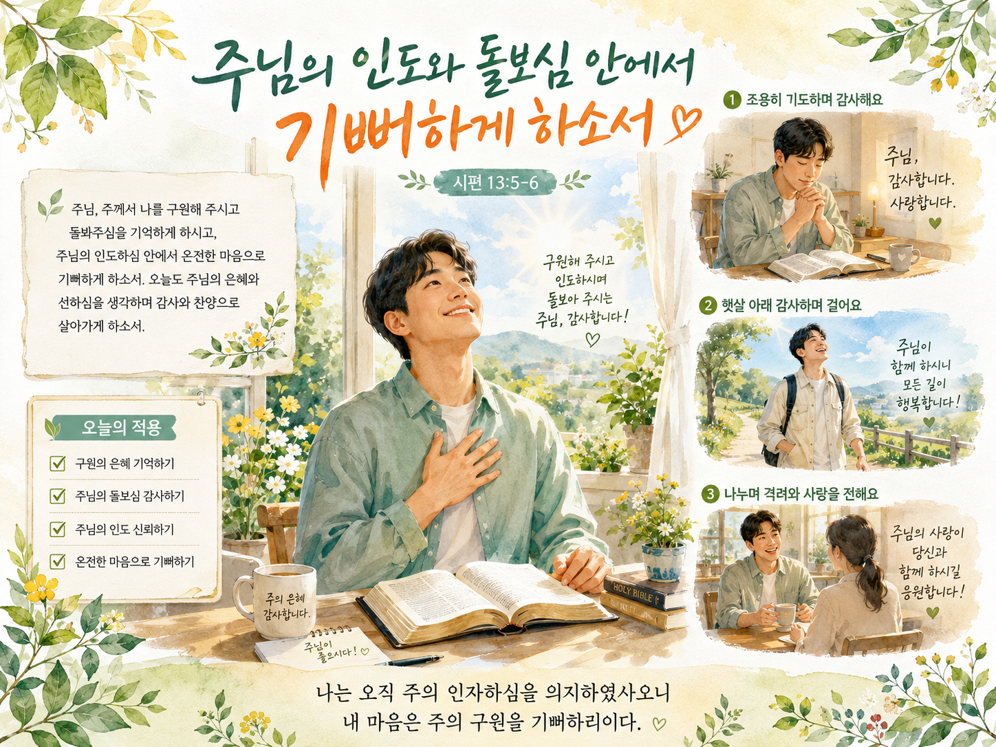 시 13:5-6 말씀에서 주님께서 나를 구원해 주시고 돌봐주심으로 내가 삶에 기쁨을 누린다는 것을 잘 생각하며, 주님께서 나를 인도하시고 돌봐주심을 따라 온전한 마음으로 기뻐하는 시도를 하는 모습입니다.
