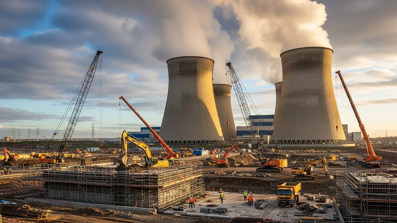 거대한 원자력 발전소 냉각탑과 건설 현장 이미지