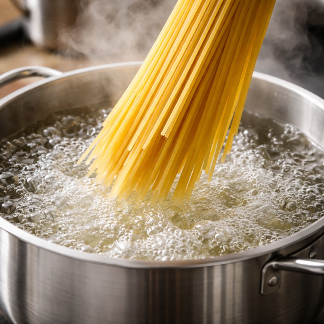 끓는 물에 면을 넣는 순간, 면 삶는 시간과 온도가 식감을 좌우하는 장면