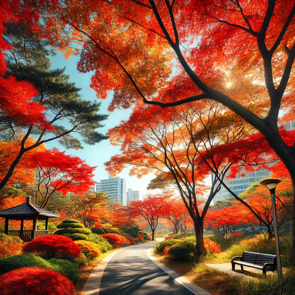 푸른 하늘과 울창한 녹지로 둘러싸인 부산 시민공원의 고요한 가을 풍경&amp;#44; 알록달록한 단풍나무들이 길을 따라 이어짐