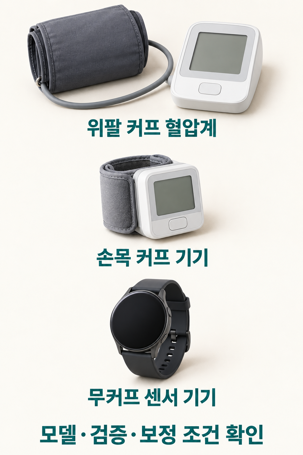 위팔 커프&middot;손목 커프&middot;무커프 센서 기기를 나누고 모델별 검증과 보정 조건을 확인하도록 표시한 구성