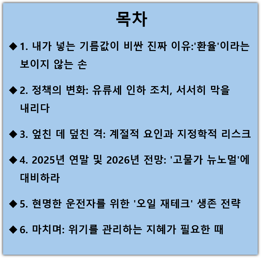기름값 오르는 이유, 휘발유 가격 인상 원인, 유류세 인하 종료 일정, 환율, 유가 전망 목차