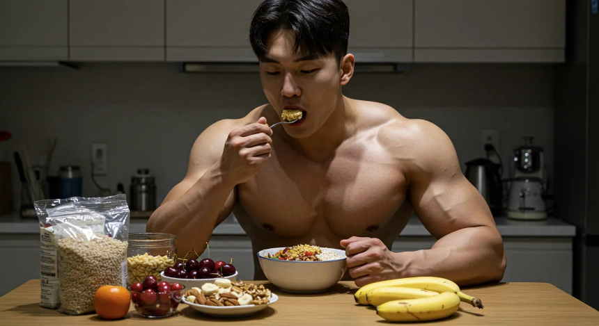 식탁에서 다이어트 식단을 하는 남성 이미지