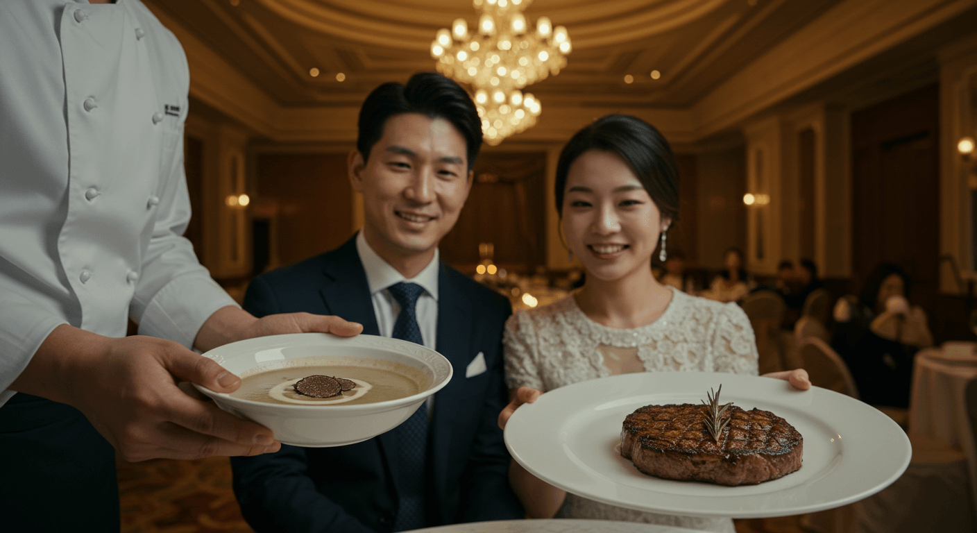 한국인 쉐프가 웨딩홀에서 수프와 스테이크를 서빙하는 장면 3