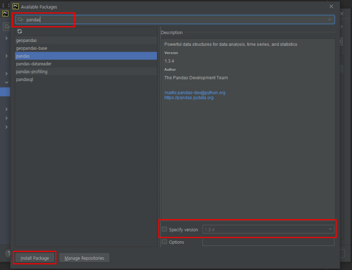 파이참에 패키지를 검색한 사진