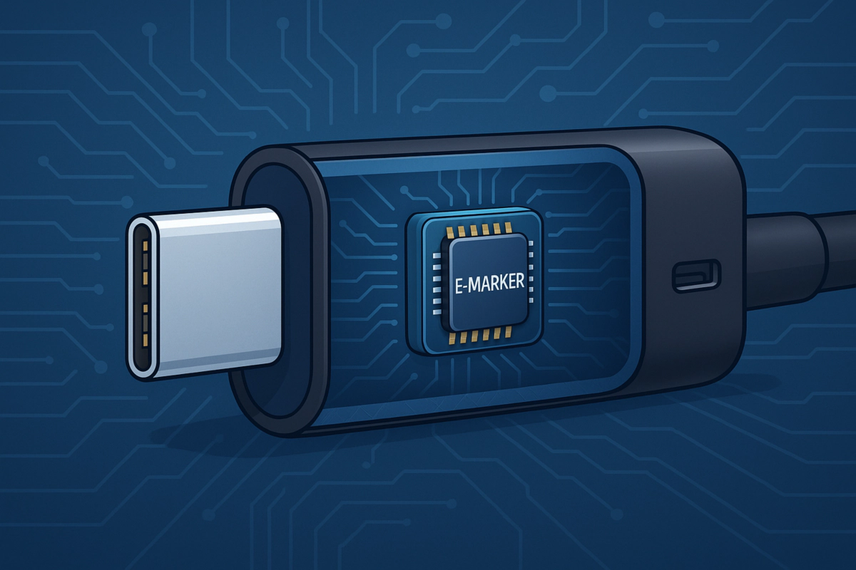 USB-C 케이블 내부의 E-Marker 칩 강조 구조