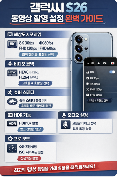 갤럭시 S26 동영상 촬영 설정을 최적화하여 더 안정적인 영상 촬영을 할 수 있는 방법을 설명하는 대표 이미지