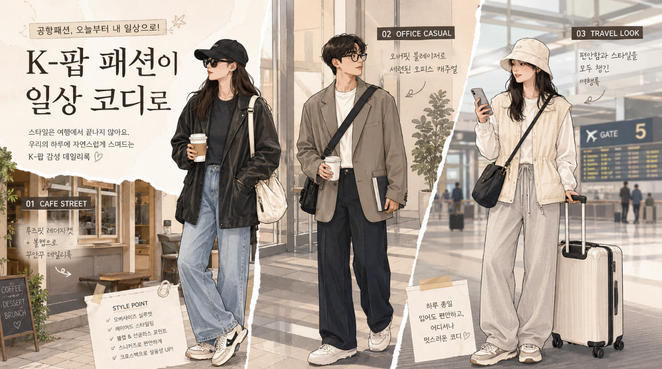 K-팝 아이돌 공항패션을 일상 데일리룩과 여행룩으로 활용하는 모습을 표현한 이미지