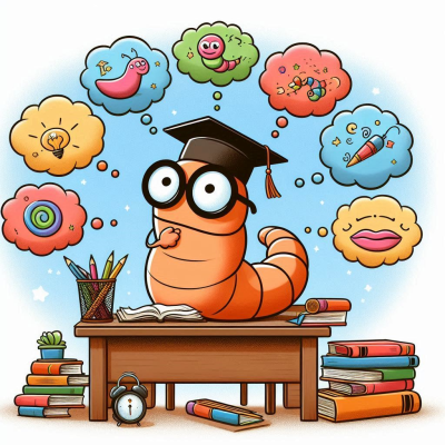 책상에 앉아 여러 책들 사이에서 상상하는 애벌레.