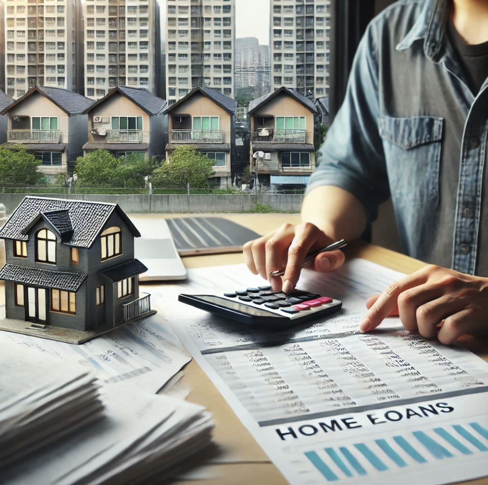 주택 관련 금융서류를 검토하며 대출금을 계산하는 모습.