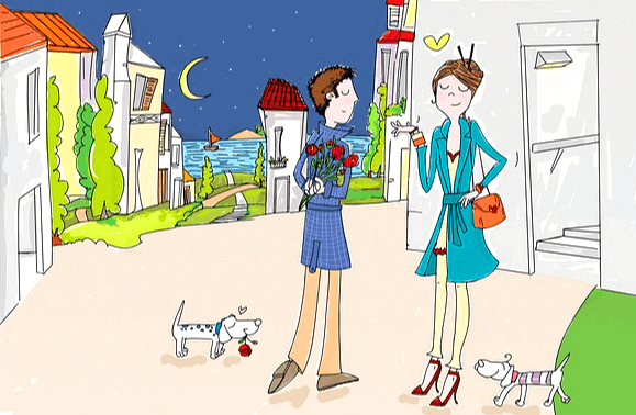 남자와 여자가 마주 서 있다. 남자는 등 뒤로 빨간 장미꽃들을 숨겼고, 여자는 하늘색 코트를 입었다.