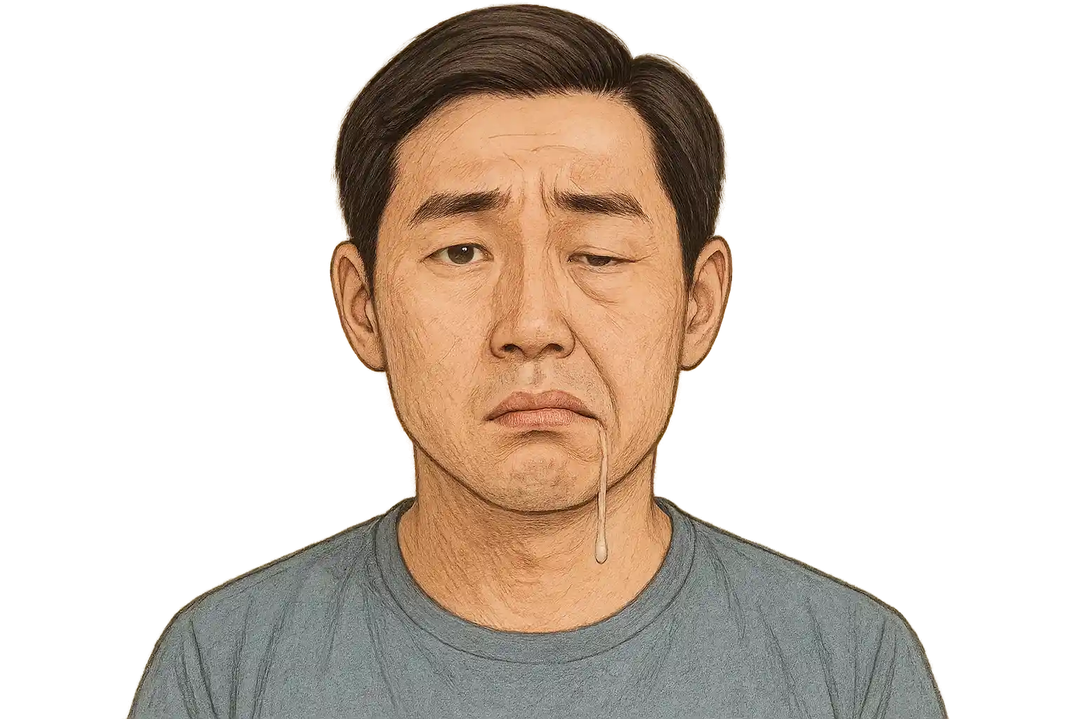 얼굴 한쪽이 처지고 입꼬리가 내려간 환자, 침이 한쪽으로 새는 모습, 반쪽만 움직이는 얼굴