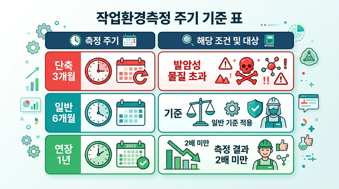 작업환경측정 주기 결정 기준 &mdash; 단축(3개월)&middot;기본(6개월)&middot;연장(1년) 조건 비교표