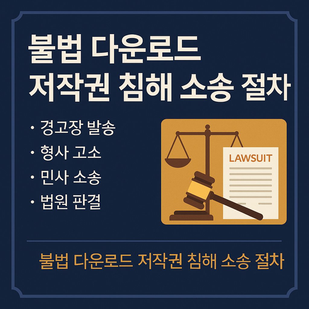 불법 다운로드 저작권 침해 소송 절차를 설명하는 대표 이미지로, 경고장 발송부터 법원 판결까지 법적 단계를 강조