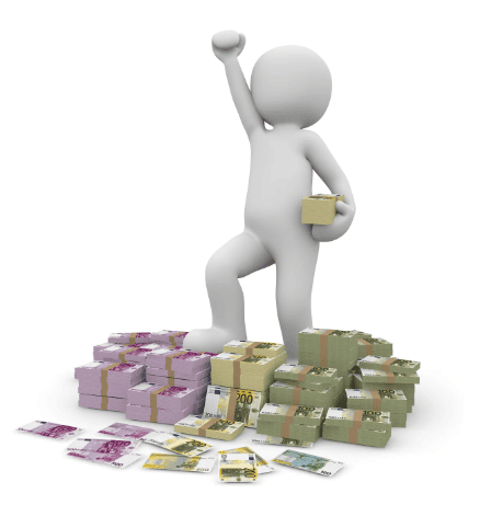 돈다발 위를 밟고 손을 치켜든 캐릭터