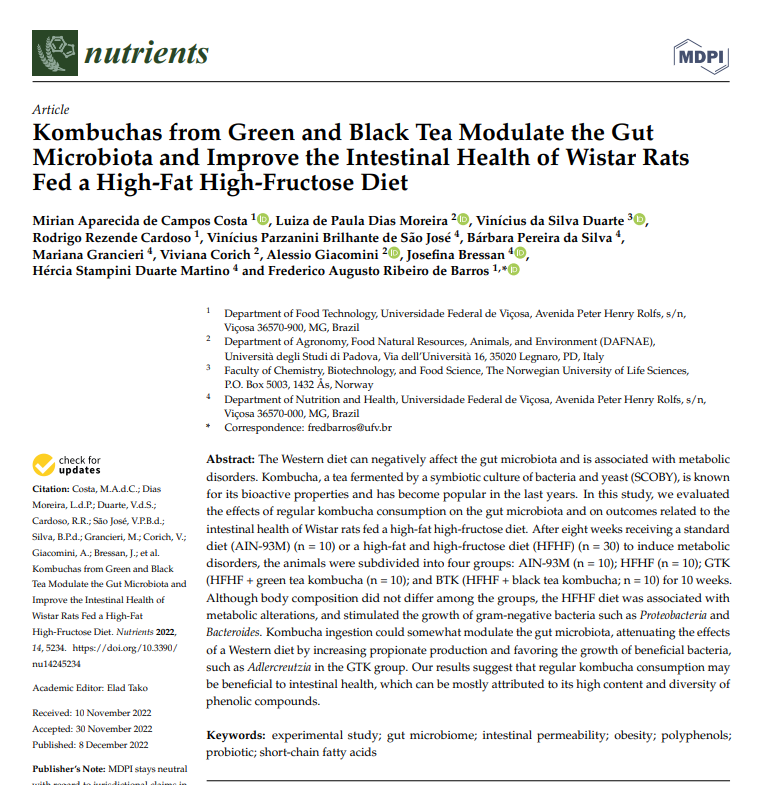 콤부차의 장건강 개선 효과 논문 초록