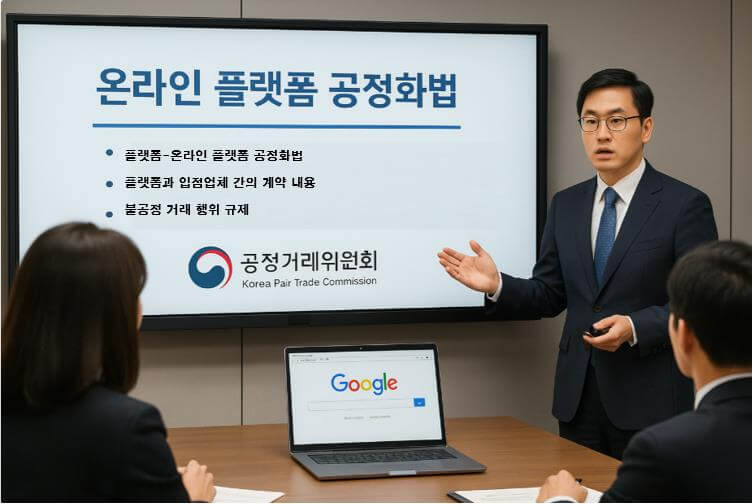 공정거래위원회 관계자가 온라인 플랫폼 공정화법 설명