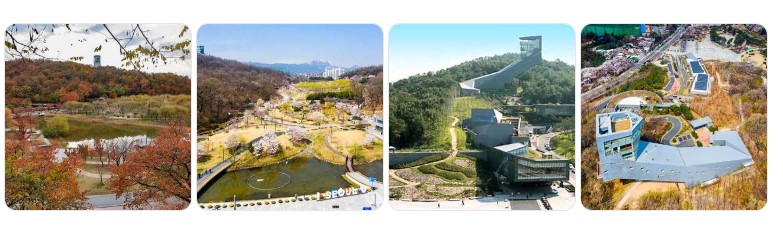 서울 강북구의 대표 명소인 북서울 꿈의 숲, 화계사, 북한산둘레길, 4.19 민주 묘지를 담은 항공 뷰 사진