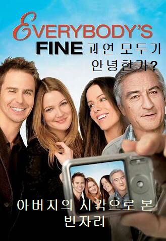 everybody's fine-오른쪽 끝에 아버지 프랭크-그의 왼족으로 자녀 세명이 웃고 있음-오른쪽 하단에 웃고 있는 이들을 찍고 있는 카메라 화면이 보임