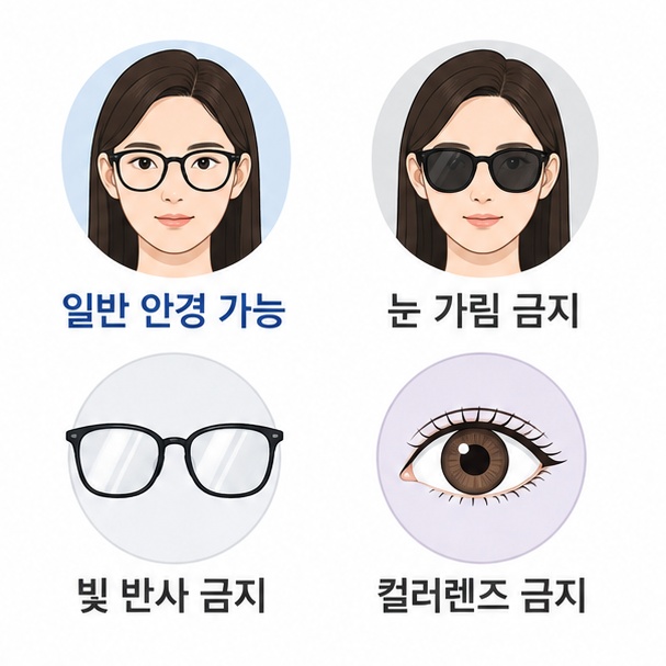 일반 투명 안경은 가능하지만 눈을 가리는 안경테와 빛 반사, 선글라스와 컬러렌즈는 허용되지 않는다는 것을 보여주는 그림
