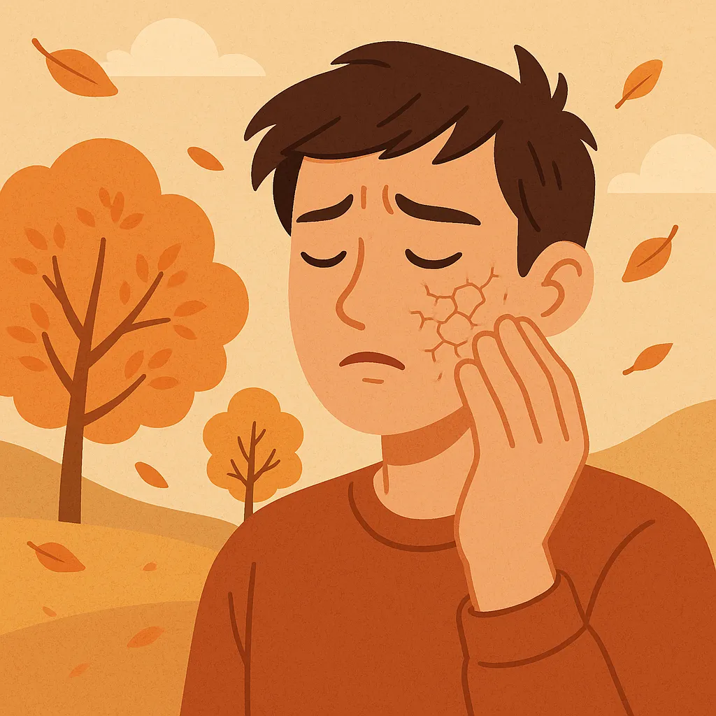 가을-배경-속에서-건조한-볼을-만지며-불편해하는-남성-일러스트