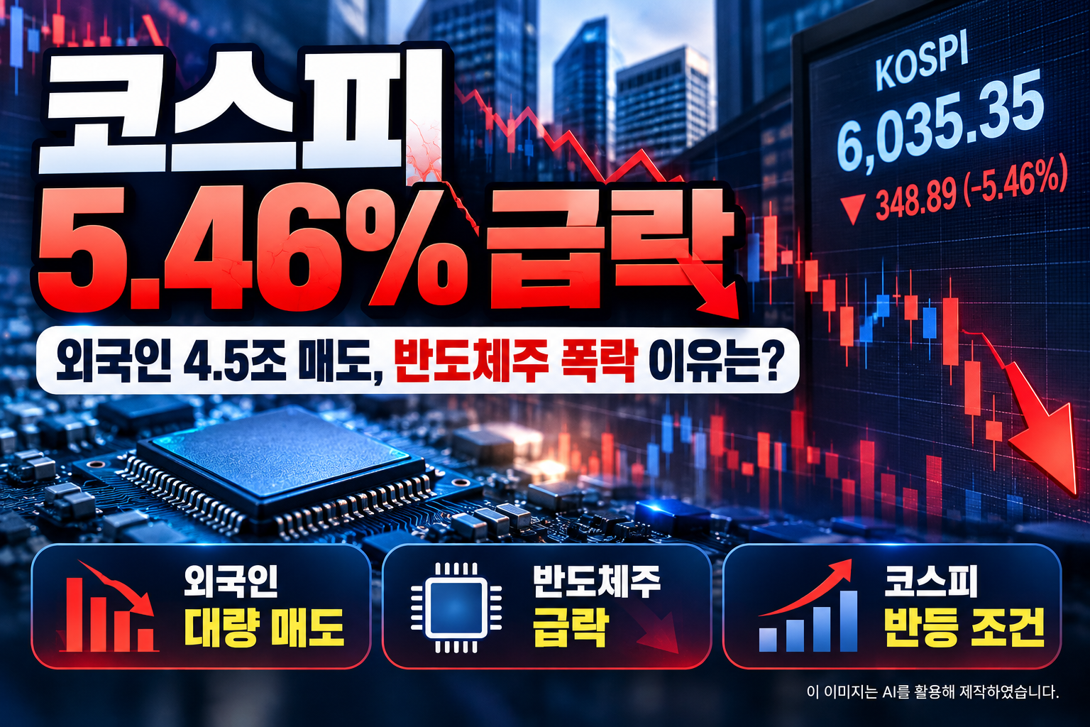 2026년 10월 13일 코스피 5.46% 급락과 외국인 4.5조 원 대량 매도, 삼성전자·SK하이닉스 등 반도체주 폭락 원인 및 향후 코스피 반등 조건을 정리한 이미지