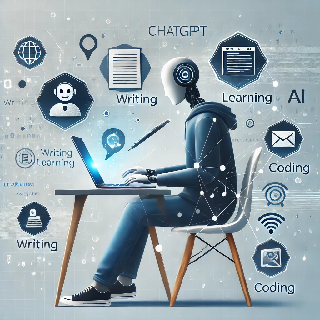 ChatGPT를 활용한 업무, 학습, 코딩을 표현한 이미지입니다. AI의 도움을 받아 다양한 작업을 수행하는 모습을 직관적으로 담았습니다.