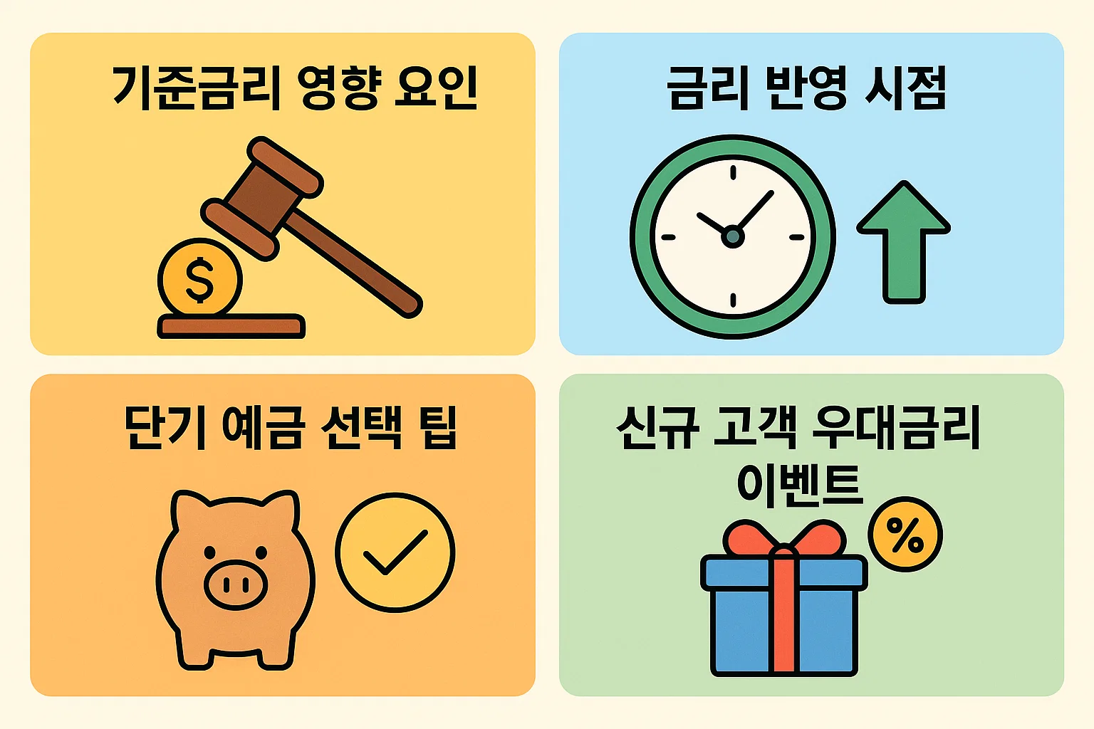 기준금리 인상&middot;하락에 따른 농협 정기예금 금리 반영 시점과 신규 고객 우대금리 이벤트 등 주요 변동 요인을 설명한 2025년 기준 인포그래픽